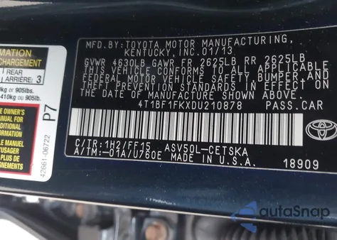 2013 Toyota Camry Se from USA, damaged, VIN 4T1BF1FKXDU210878